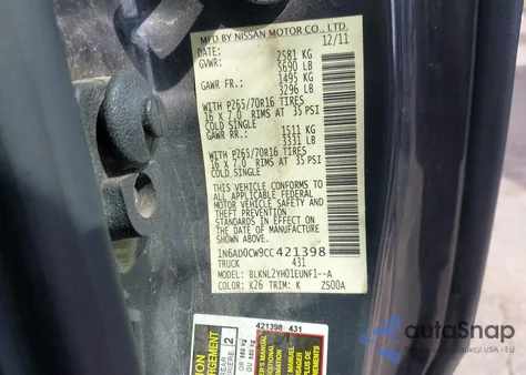 2012 Nissan Frontier Sv z USA, uszkodzony, nr VIN 1N6AD0CW9CC421398